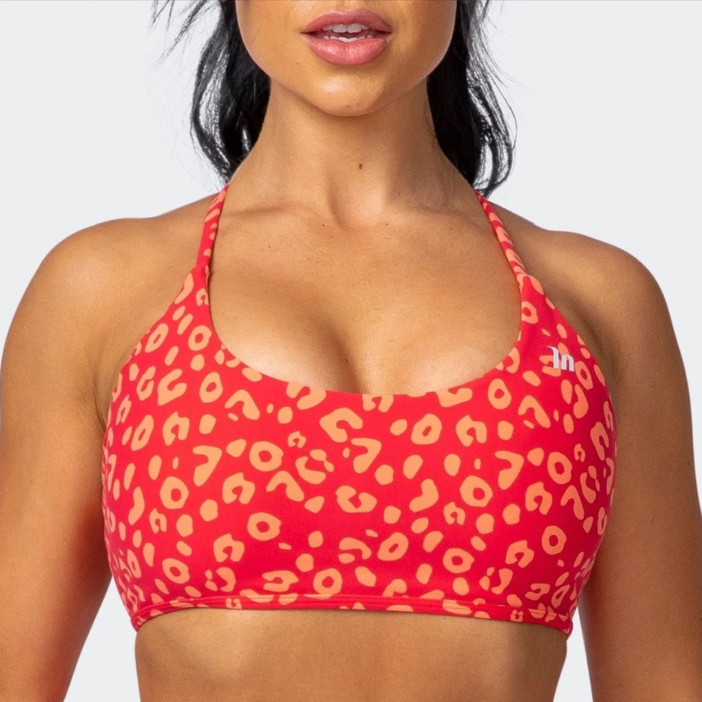 MUSCLE NATION • “Wanderlust Bralette” Red & Orange Cheetah Print Sports Bra - M